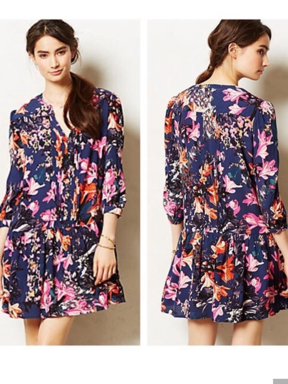 Maeve Navy Floral Drop-Waist Mini Dress with Pink & Orange Blooms